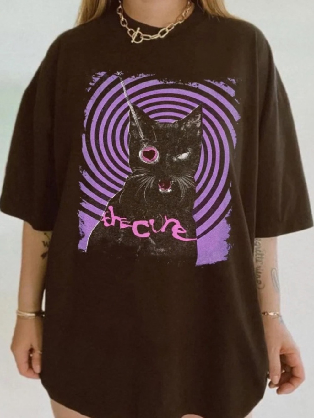 Black The Cure Graphic Cat Tee with Purple & Pink Print